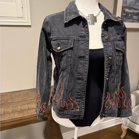 Honey Punch Jackets & Blazers - Honey Punch Black Denim Jacket with Flame Embellishments
